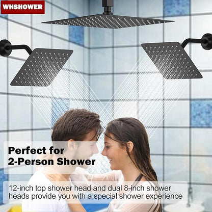 Rainfall Shower System with 12+8+8" Three Top Shower Heads, Body Jets and Handheld Shower,Matte Black Full Body Shower System with Digital Display Valve