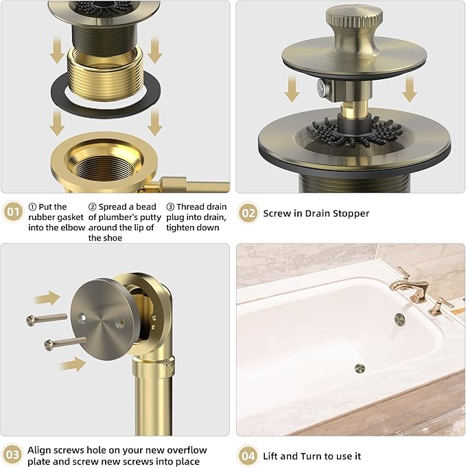 Antique Brass Bathtub Drain, Hair Catcher and 2-Hole Overflow Faceplate, 11.5/16 UNC, Lift and Turn Bathtub Drain Replacement, Tub Drain Stopper