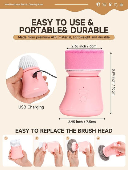 Electric Spin Scrubber, Cordless Cleaning Brushes, Pink Dish Brush kit, Gift for Woman, for Bathroom/Kitchen/Floor/Home/Grout/Tile, IP66 Waterproof Household Cleaning Supplies, Apartment Essentials