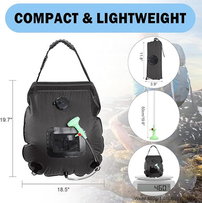 Solar Shower Bag | 5 Gal/20L Solar Heating Camping Shower Bag | Removable Hose | On-Off Switchable Shower Head | Ducha Portatil | Traveling Shower | Portable Shower for Beach Swimming, Hiking