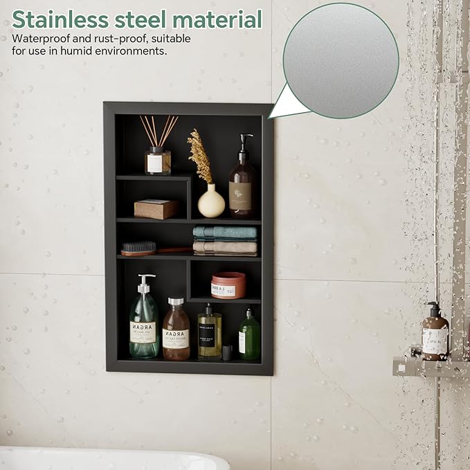 Stainless Steel Recessed Medicine Cabinet 14 * 24, Rust-proof Metal Wall Niche, In Wall Shower Niche Shelf Insert Replacement, Recessed Medicine Cabinets for Drywall, with 5 Compartments, Black