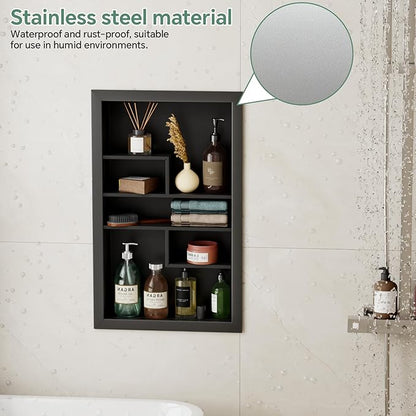 Stainless Steel Recessed Medicine Cabinet 14 * 24, Rust-proof Metal Wall Niche, In Wall Shower Niche Shelf Insert Replacement, Recessed Medicine Cabinets for Drywall, with 5 Compartments, Black