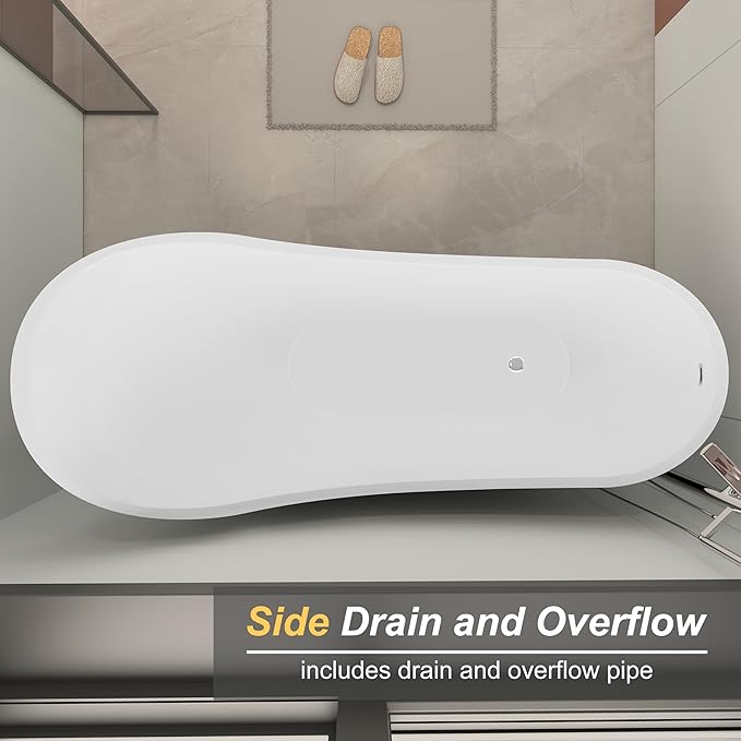55" Freestanding Slipper Soaking Bathtub, WHALEKING Luxury Curve Edge Stand Alone Free Standing Deep Acrylic Tub with Chrome Overflow and Drain, Glossy White