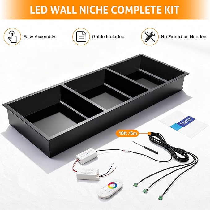 WICHEMI Stainless Steel Shower Niche 12" X 36", No Tile Needed Wall Niche with RGB Light, Recessed Shower Shelf for Bathroom Storage Over Mount Installation, Matte Black