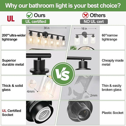 6-Light Bathroom Light Fixtures, Black Modern Vanity Lights with Clear Glass Shade, Bathroom Wall Lamp for Mirror Kitchen Living Room Hallway Cabinet Porch