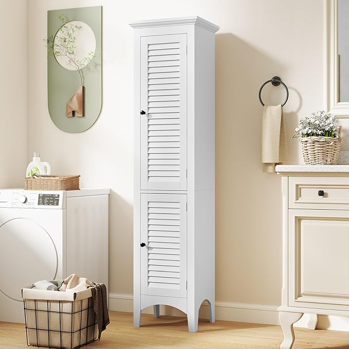 Tangkula 63" Tall Bathroom Storage Cabinet, Freestanding Narrow Linen Tower with Adjustable Shelf, Modern Slim Floor Cabinet with 2 Doors for Bathroom, Living Room, Kitchen (White)