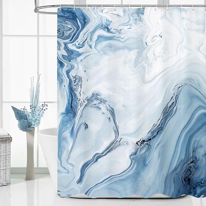 MitoVilla Blue Marble Shower Curtain, Modern Ombre Elegant Fabric Cloth Shower Curtains for Luxury Bathroom Decor, Abstract Chic Summer Watercolor Shower Curtain, 72x72