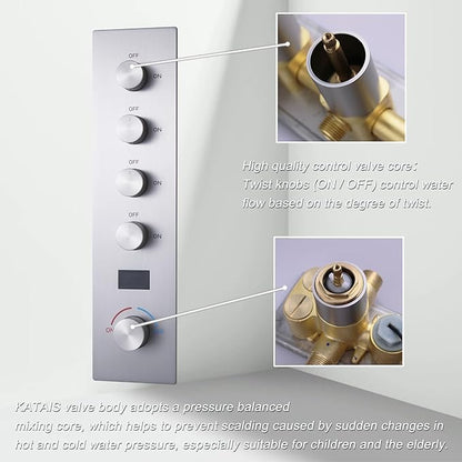 Brushed Nickel Digital Display Shower System with 16X24 inch Ceiling Overhead Shower Head(Rain & Waterfall Two Modes), 4 PCS Body Jet and Handheld Spray