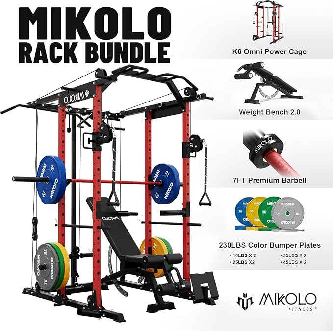 Mikolo Power Cage, Power Rack with Cable Crossover System, 1500LBS Squat Rack with LAT Pull Down System, Workout Cage with Pulley System for Fitness Home Gym