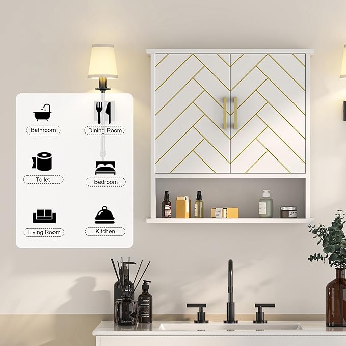 White Chevron Pattern Bathroom Wall Mount Cabinet, Stylish Hanging Medicine Cabinet with Open Shelf, Over The Toilet Storage for Bathroom Kitchen (23 5/8" x 22 7/8" x 15 3/4")
