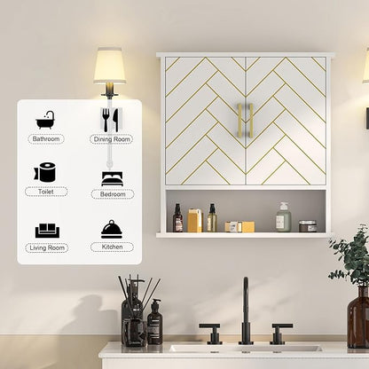 White Chevron Pattern Bathroom Wall Mount Cabinet, Stylish Hanging Medicine Cabinet with Open Shelf, Over The Toilet Storage for Bathroom Kitchen (23 5/8" x 22 7/8" x 15 3/4")