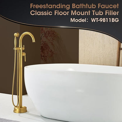 Free Standing Tub Faucet, Wintap Brass Antique Freestanding Bathtub Filler with Handheld Sprayer Max 6.6GPM/60PSI Classic Brushed Gold WT-9811BG