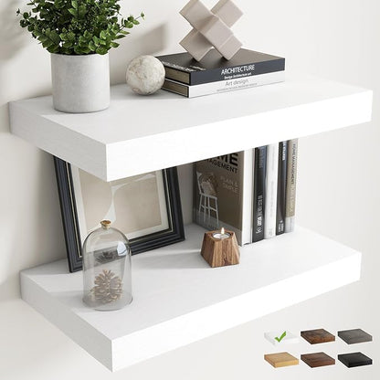24 Inch Floating Shelves for Wall Set of 2, 12"D Wood Grain Bathroom Shelves with Invisible Brackets, Easy Install Engineered Wood Storage Shelves for Kitchen, Living Room, Bedroom, White Finish