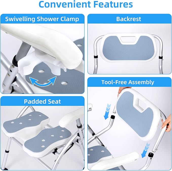 Shower Chair for Inside Shower,Foldable Shower Chair for Elderly and Disabled, Adjustable Height Chairs with Padded Arms and Back for Bathroom,Compact and Comfortable ,Extra Wide U-Shape