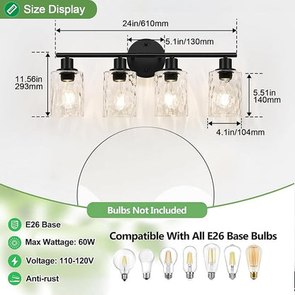 4-Light Bathroom Light Fixtures, Matte Black Vanity Lights with Water Ripple Clear Glass Shade, Bathroom Wall Lamp for Mirror, Kitchen, Living Room, Hallway, Cabinet, Porch