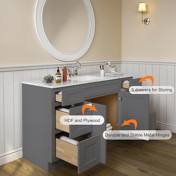 ROOMTEC 60'' Shaker Gray Bathroom Vanity Cabinet with 6 Drawers and 2 Doors, Soft-Close Hinge and Drawer Slides, 144 Pounds, 60"W x 34.5"H x 21"D