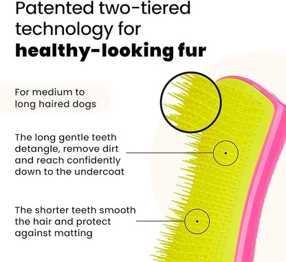 Pet Teezer Detangling Dog Grooming Brush, Dog Bath Brush for Long Haired Breeds and Wet or Dry Fur, Large, Pink & Yellow