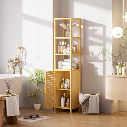 HITNET Bathroom Floor Cabinet, 6 Tier Tall Thin Linen Tower Storage Cabinet Free Standing Bamboo, Kitchen Side Organizer with 3 Shelves and Cupboard, Natural