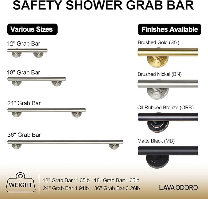 Lava Odoro Shower Grab Bar, Modern Stainless Steel Handicap Grab Bar for Bathtubs and Showers, Shower Safety Bar for Seniors Disabled, ADA-Compliant (Brushed Nickel, 12 Inch)