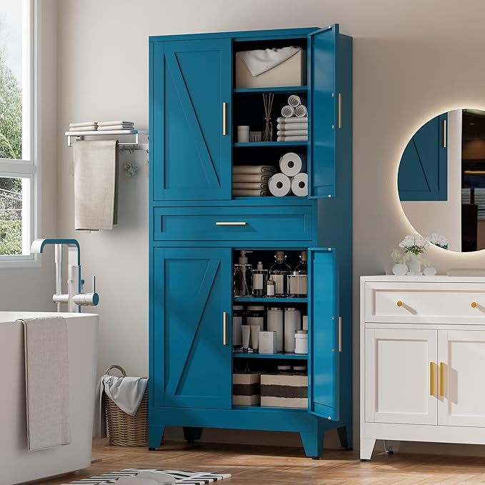 Metal Storage Cabinet with Drawer, 71" Tall Storage Cabinets with Adjustable Shelves,Blue Farmhouse Freestanding Kitchen Pantry Cabinet for Dining Room, Living Room