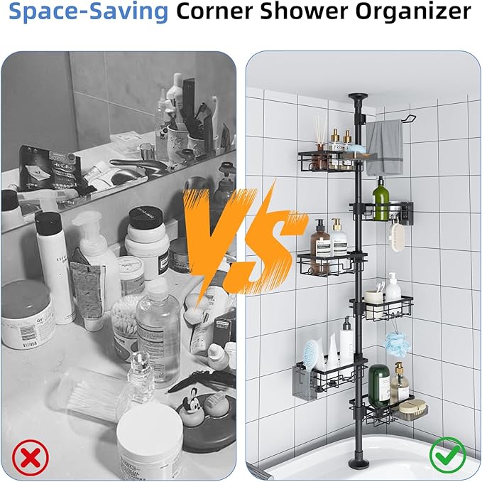 GearFusion Shower Caddy Organizer Tension Pole, Rustproof 4 Tier Corner Shower Rack with 25–114 Inch Adjustable Height for Bathroom Storage, Extra Towel Rack, Soap Dish and Toothbrush Holder, Black