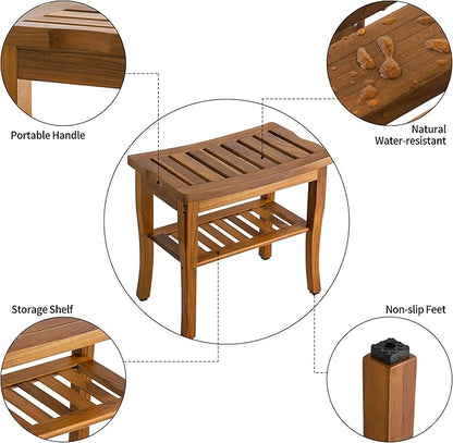 VaeFae Teak Shower Bench, Spa Bath Shower Stool with Storage Shelf, Wooden Seat Stool for Bathroom