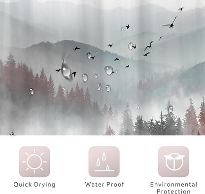Riyidecor Red Black Mountain Shower Curtain 48Wx72H Inch,Stall Narrow Rv Small Nature Woods,Rustic Landscape Scenery Pine Tree Woodland Cool Bathroom Decor Fabric Polyester Waterproof 12 Pack Hooks