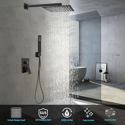 Bathroom Shower Faucet Set，10 Inch Rain Shower Head with Handheld Spray，Brass Shower Valve Trim Kit，Wall Mounted Square Rain Shower System (Matte black)