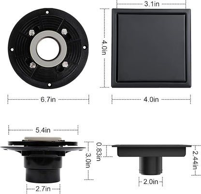 4 Inch Square Shower Floor Drain, Shower Drain Kit with Flange and 2 in 1 Tile-Insert Cover, Square Shower Drain, SUS 304 Stainless Steel Floor Drain,Matte Black