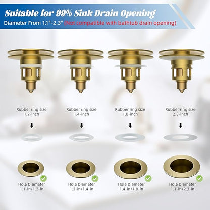 Hibbent All Metal 2 in 1 Bathroom Sink Stopper, Universal Pop Up Drain Strainer, Brass Bullet Core Push Type Sink Stopper for 1.1''~2.3'' Basin, Big Push Button, Anti Clogging Filter, Brushed Gold