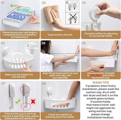 LEVERLOC Corner Shower Caddy Suction Cup, Shower Caddy Basket Powerful Suction Bathroom, Waterproof & Rustproof Organizer for Bathroom Storage, No-Drilling Removable (White)