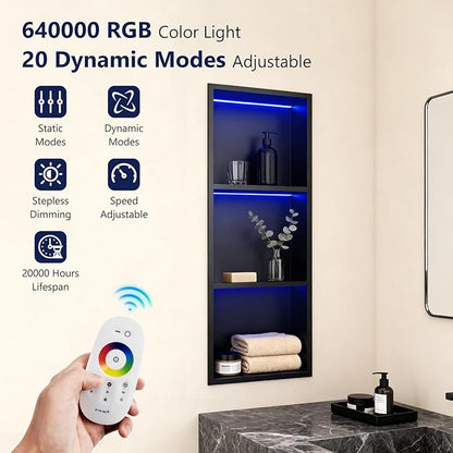 12" X 36" RGB LED Shower Niche No Tile Needed, 304 Stainless Steel Shower Niche Insert Tile Ready, Recessed Wall Shelf for Bathroom Storage Organizer with Remote Control, Matte Black