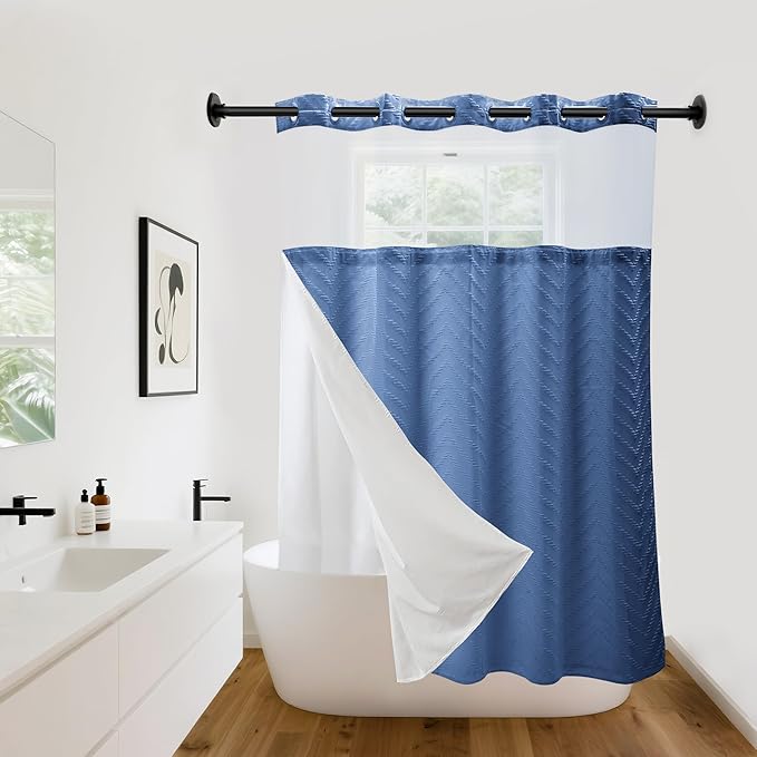 Hookless Shower Curtain with Snap in Liner 71" x 86" Double-Layer Waterproof Polyester Shower Curtain for Bathroom or Hotel Use,Removable Liner,Magnetic Hem,Large Rings,Machine Washable,Navy Blue