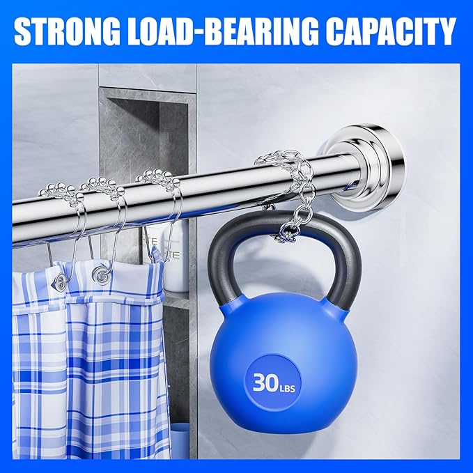 Ausemku Shower Curtain Rod - 32-68 Inch Rustproof Tension Rod, Non-Slip Spring Design, No Drilling Adjustable Curtain Rod for Bathroom, Kitchen, and Closet（Silver）