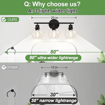 2025 Upgrade 3-Light Bathroom Light Fixtures, Black Bathroom Lights Over Mirror with Clear Glass Globe Shade, Vanity Lights for Bathroom Kitchen Living Room Hallway Cabinet Bedroom Porch.