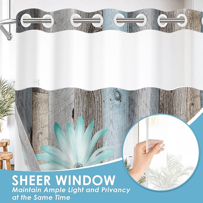 No Hook Rustic Farmhouse Shower Curtain with Snap in Fabric Liner Set, Teal Daisy Flowers and Butterfly on Wooden Double Layers Waterproof with See Through Top Bath Curtain 71x86 Inch