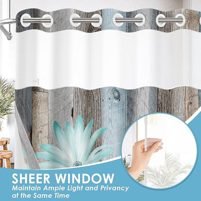 No Hook Rustic Farmhouse Shower Curtain with Snap in Fabric Liner Set, Teal Daisy Flowers and Butterfly on Wooden Double Layers Waterproof with See Through Top Bath Curtain 71x86 Inch
