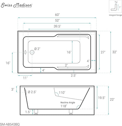 Voltaire 60" X 32" Left-Hand Drain Alcove Bathtub with Apron in Bisque