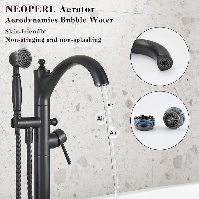 Freestanding Bathtub Faucet, Matte Black Classic Free Standing Tub Faucet with Vintage Handheld Sprayer High Flow Max 7.04GPM Floor Mounted Tub Filler (WT-9002BK)
