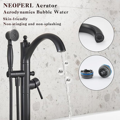 Freestanding Bathtub Faucet, Matte Black Classic Free Standing Tub Faucet with Vintage Handheld Sprayer High Flow Max 7.04GPM Floor Mounted Tub Filler (WT-9002BK)