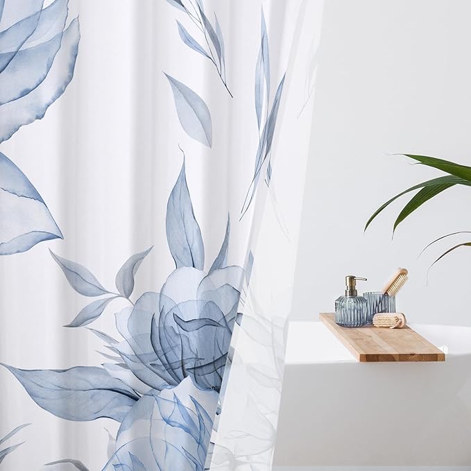 Long Boho Watercolor Floral Shower Curtain 72 x 78, Blue and Grey Ink Painting Style Flower Shower Curtains for Chic Elegant Bathroom, Artistic 78 Inch Long Fabric Shower Curtain