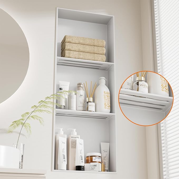No Tile Needed Shower Niche - 304 Stainless Steel Niche Shower with 3- Tier Shelves Recessed Wall Niches for Bathroom Storage (White, 36 X 12 X 4.13 Inches, 3)