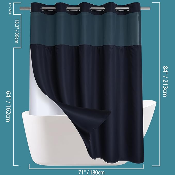 Conbo Mio Extra Long No Hook Shower Curtain with Snap in Liner Set, Hotel Luxury Black Fabric Shower Curtains for Bathroom with See Through Top Window, Washable, Waterproof 71W x 84H