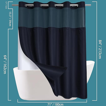 Conbo Mio Extra Long No Hook Shower Curtain with Snap in Liner Set, Hotel Luxury Black Fabric Shower Curtains for Bathroom with See Through Top Window, Washable, Waterproof 71W x 84H