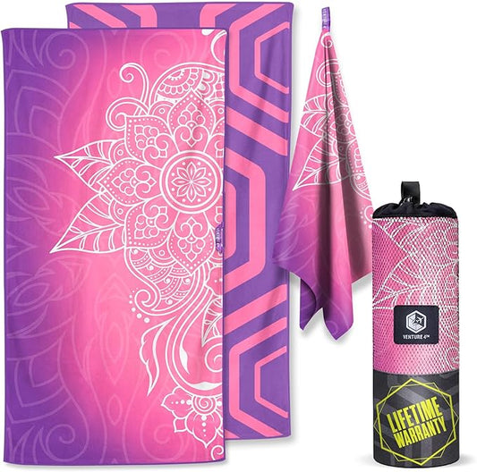 VENTURE 4TH Microfiber Beach Towel: Quick-Dry, Compact, Sand-Free, Absorbent, Sandproof and Lightweight - Perfect for Camping, Beach, and Roadtrips (Purple Mandala Design | 35x78 inches)