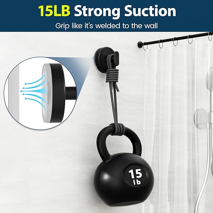 pickpiff Suction Cup Hooks for Shower: 15 LB Strong Wall Hanger for Bathroom, Front Door, Glass, Window, RV, Holder for Towel, Christmas Wreath, Coat, Loofah, Waterproof & Reusable, Black 6-Pack