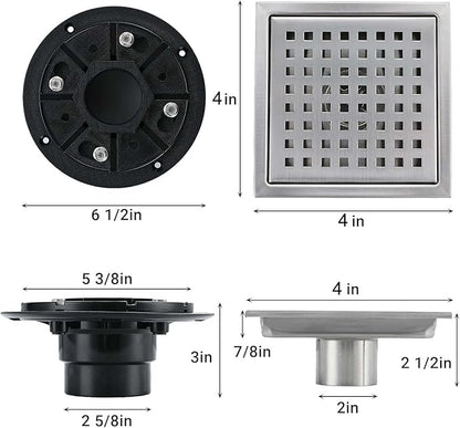 4 Inch Square Shower Floor Drain, Stainless Steel Black Shower Drain Kit with Flange, Floor Drain with Removable Grid Cover,Brushed Nickel (Brushed Nickel, 4 inch)