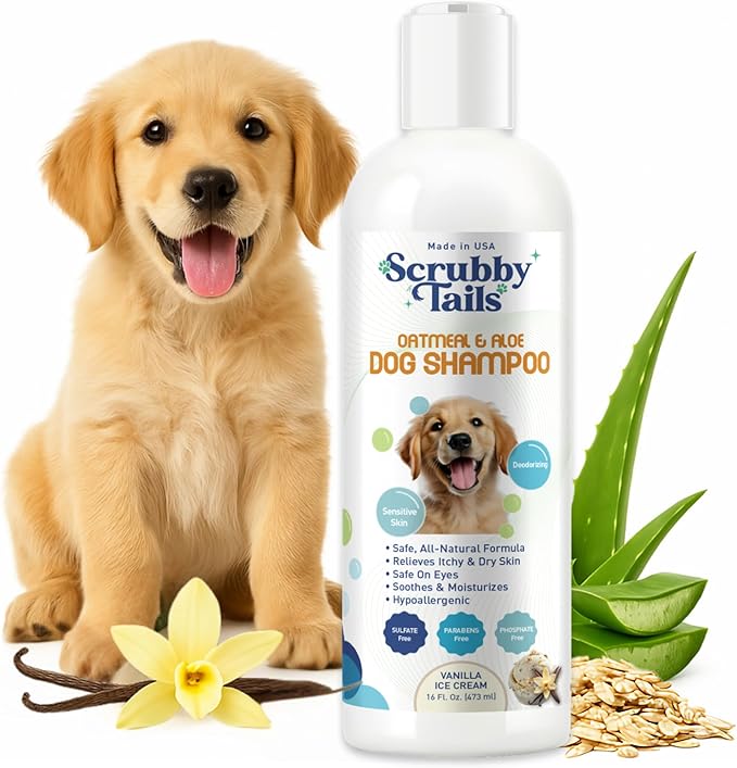 Organic Dog Shampoo - Puppy Oatmeal Shampoo for Itchy Skin Relief - Hypoallergenic for Sensitive Skin, for Dogs of All Ages, Deodorizes, Tearless, Made in USA, 16oz (Vanilla Ice Cream)