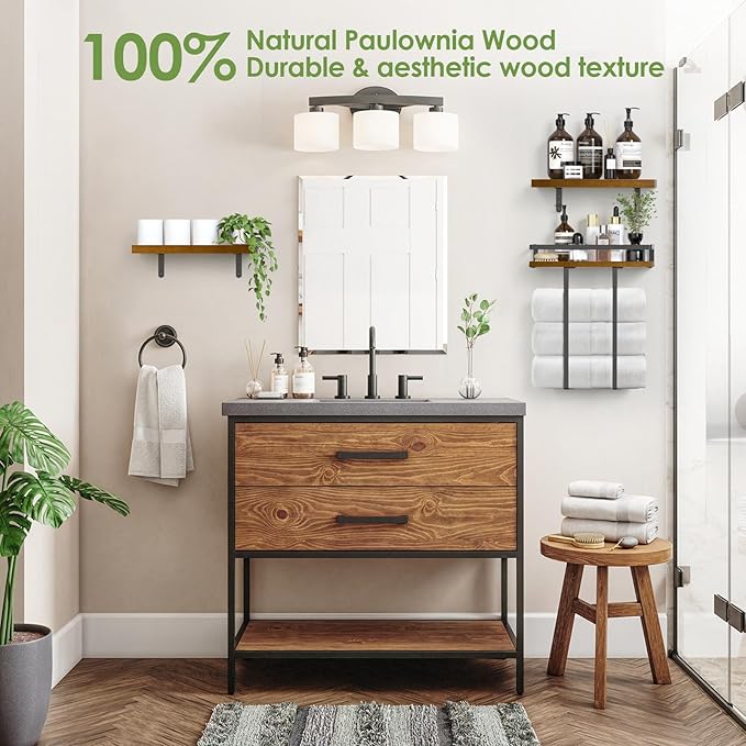 Towel Racks for Bathroom-Wall Mounted Floating Shelves for Wall Bathroom Bedroom Kitchen Living Room, Hanging Book Shelves Decor Bathroom Organizer, 16 inch Solid Wood, (Walnut-Like, Set of 3, 16in)