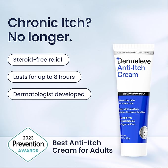 Dermeleve Steroid Free Anti-Itch Cream | Extra Strength for Psoriasis, Seborrheic Dermatitis, Viral Rash, Bug Bites, Allergy, Chronic Hives, Neuropathy (Nerve) | Full Body Itch Relief | 4 oz (1 Pack)